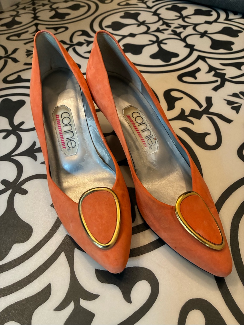 Connie Orange Suede Pointed Toe Pumps with Gold Teardrop Accent